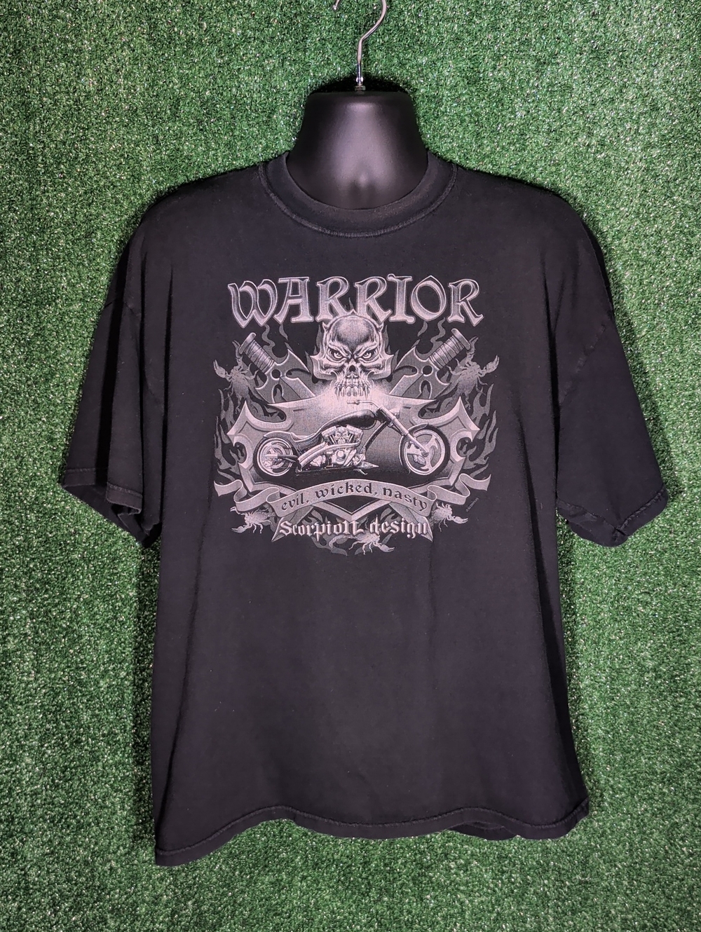 Gildan Black Graphic Tee with Warrior Skull & Motorcycle Print